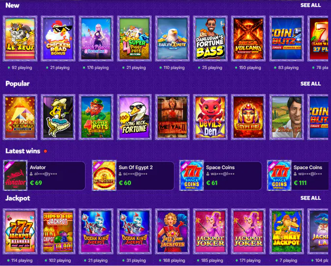 WoolBet game lobby with new and popular slots, latest wins and jackpot games